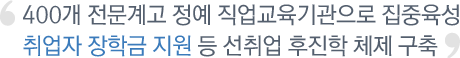 400개 전문계고 정예 직업교육기관으로 집중육성 취업자 장학금 지원 등 선취업 후진학 체제 구축